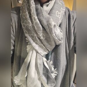 Gucci grey wool silk GG logo scarf wrap.
